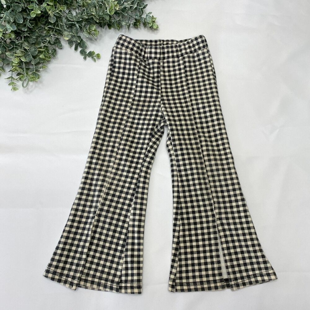 "Comma, Girl's Pants Black Ivory Gingham Flare Front Slit Elastic Waist Casual